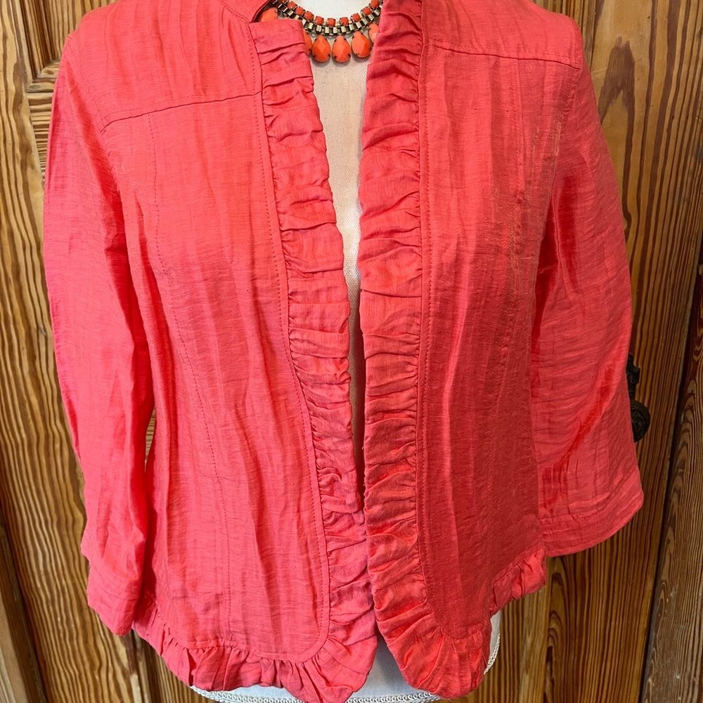 Chico's Coral Crinkle Linen Ruffle Jacket